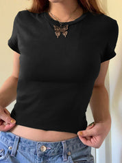 Solid Crew Neck Cropped Short Sleeve Tee