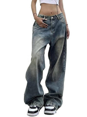 Mid Waist Baggy Wide Leg Denim Pants
