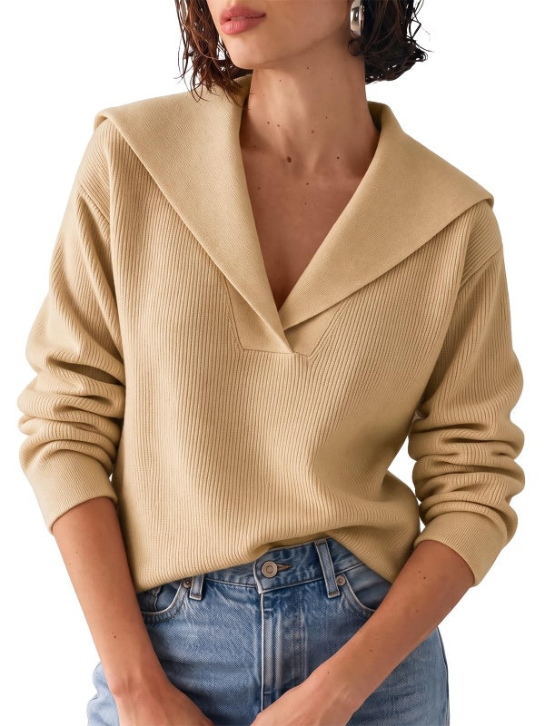 Womens Lapel Collar V Neck Pullover Sweaters