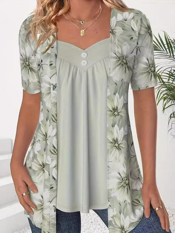 Fake Two Piece Flower Print Patchwork Tops