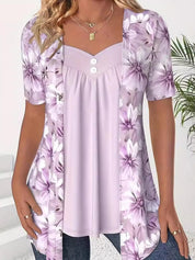 Fake Two Piece Flower Print Patchwork Tops