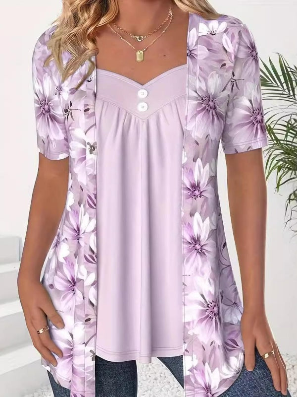 Fake Two Piece Flower Print Patchwork Tops