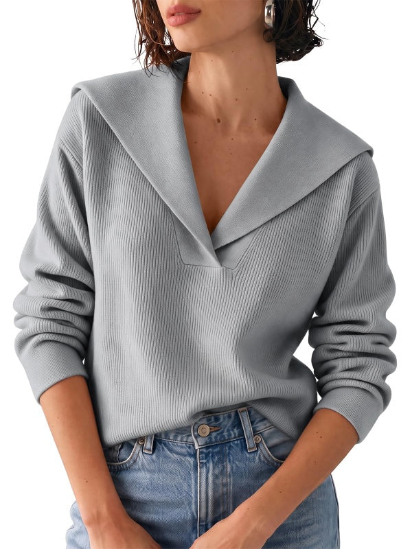 Womens Lapel Collar V Neck Pullover Sweaters