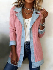 Ribbed Knit Jacket with Denim Trim