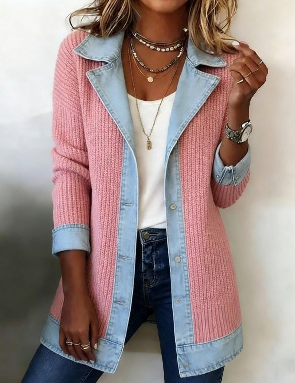 Ribbed Knit Jacket with Denim Trim