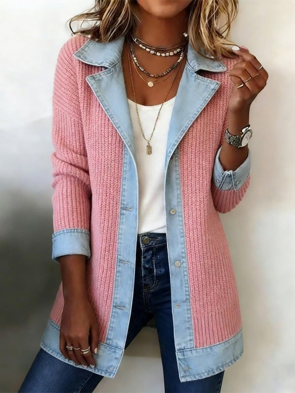 Ribbed Knit Jacket with Denim Trim