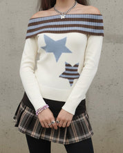 Off Shoulder Color-Block Stripe  Sweaters