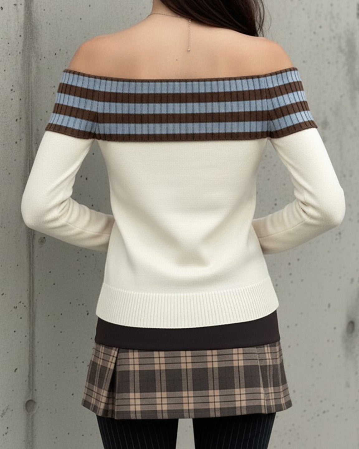 Off Shoulder Color-Block Stripe  Sweaters