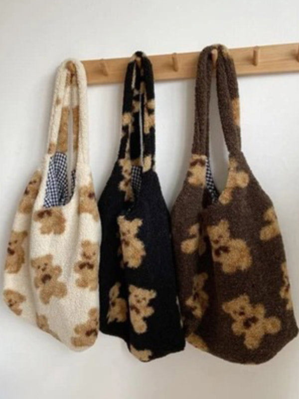 Fuzzy Teddy Bear Reversible Shoulder Bag