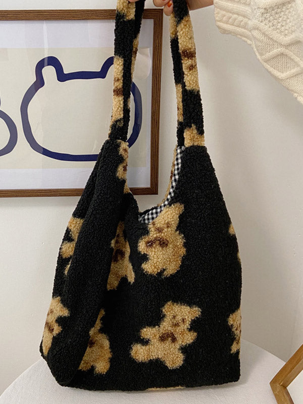 Fuzzy Teddy Bear Reversible Shoulder Bag