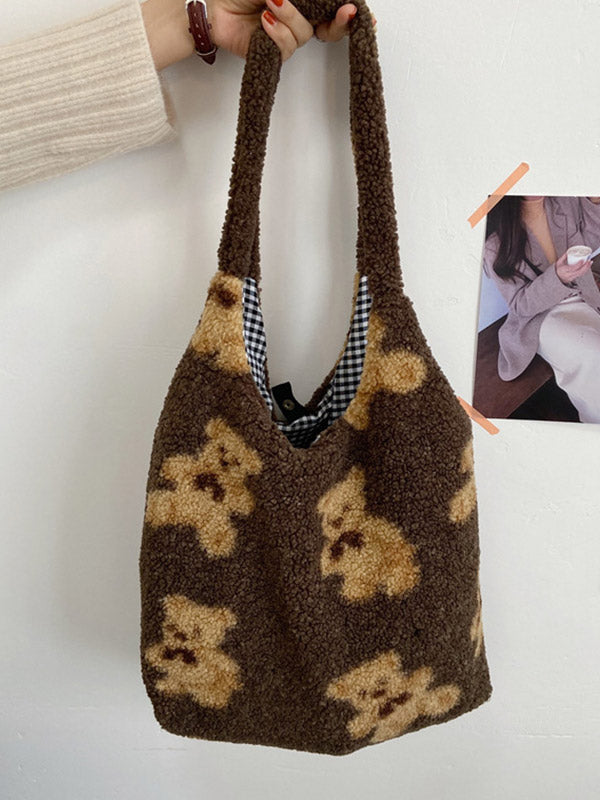 Fuzzy Teddy Bear Reversible Shoulder Bag