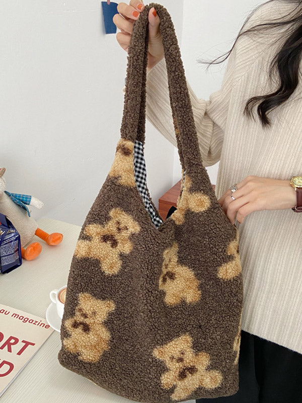 Fuzzy Teddy Bear Reversible Shoulder Bag