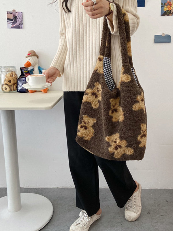 Fuzzy Teddy Bear Reversible Shoulder Bag