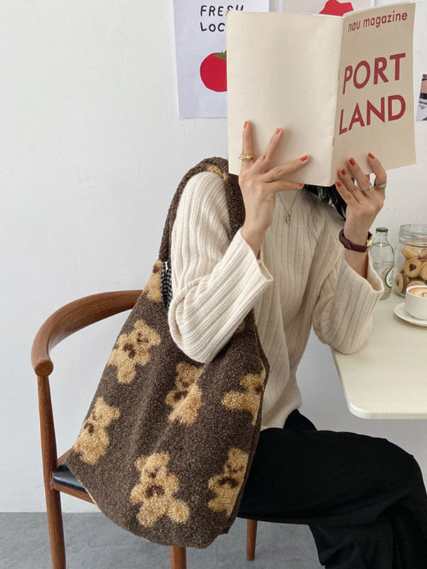 Fuzzy Teddy Bear Reversible Shoulder Bag