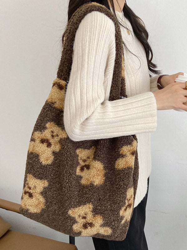 Fuzzy Teddy Bear Reversible Shoulder Bag
