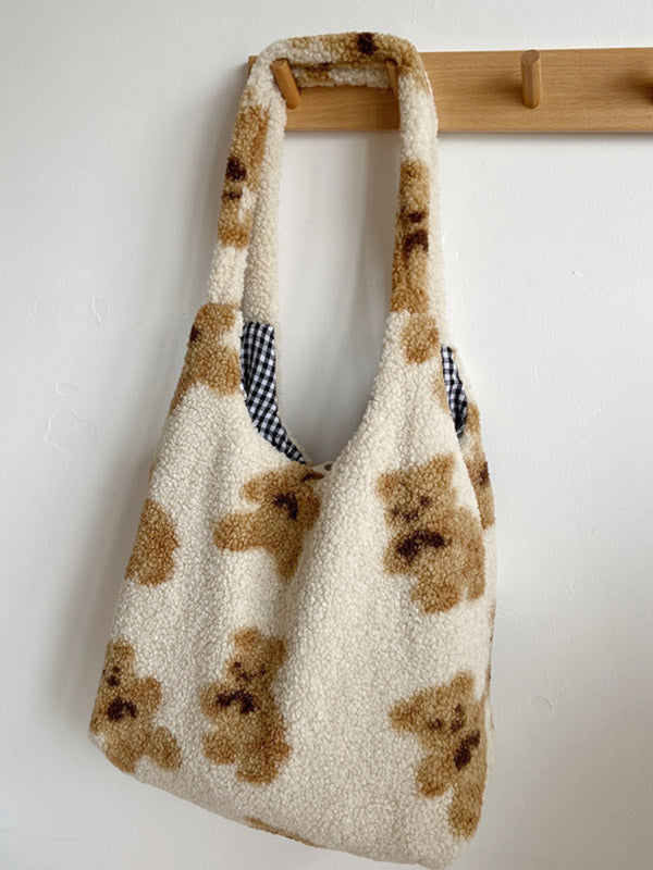 Fuzzy Teddy Bear Reversible Shoulder Bag