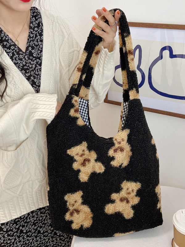 Fuzzy Teddy Bear Reversible Shoulder Bag
