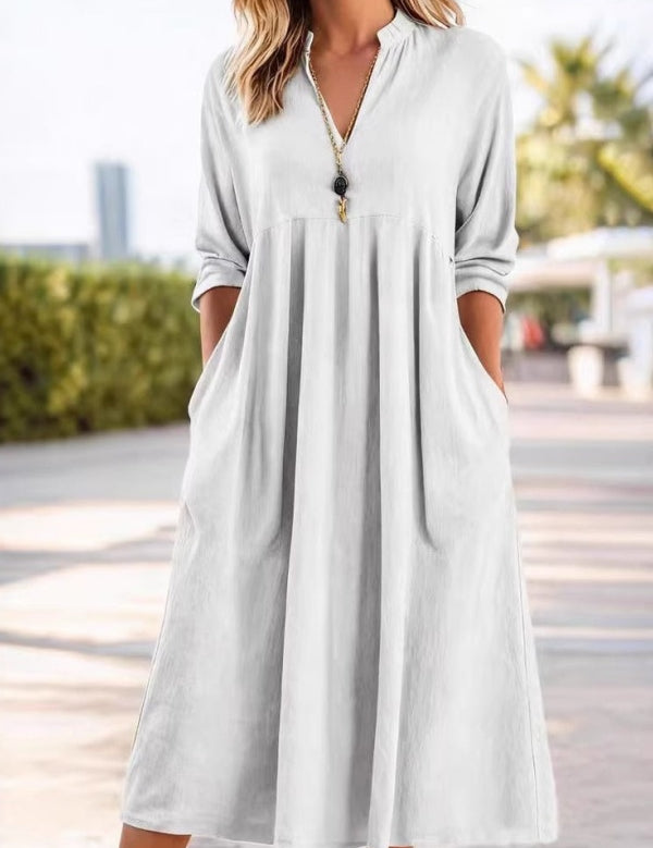 Retro Three-Quarter Sleeve V-Neck Pocket Dress