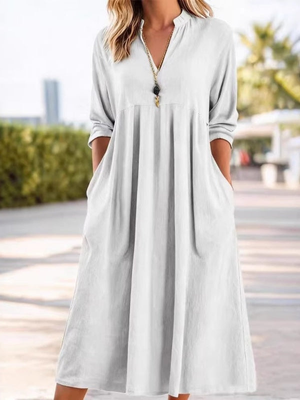 Retro Three-Quarter Sleeve V-Neck Pocket Dress