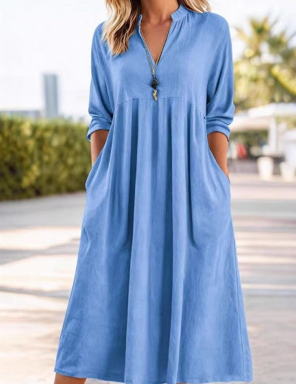 Retro Three-Quarter Sleeve V-Neck Pocket Dress