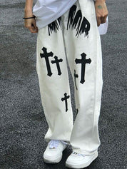 Men's White Wash Cross Pattern Straight Leg Jeans
