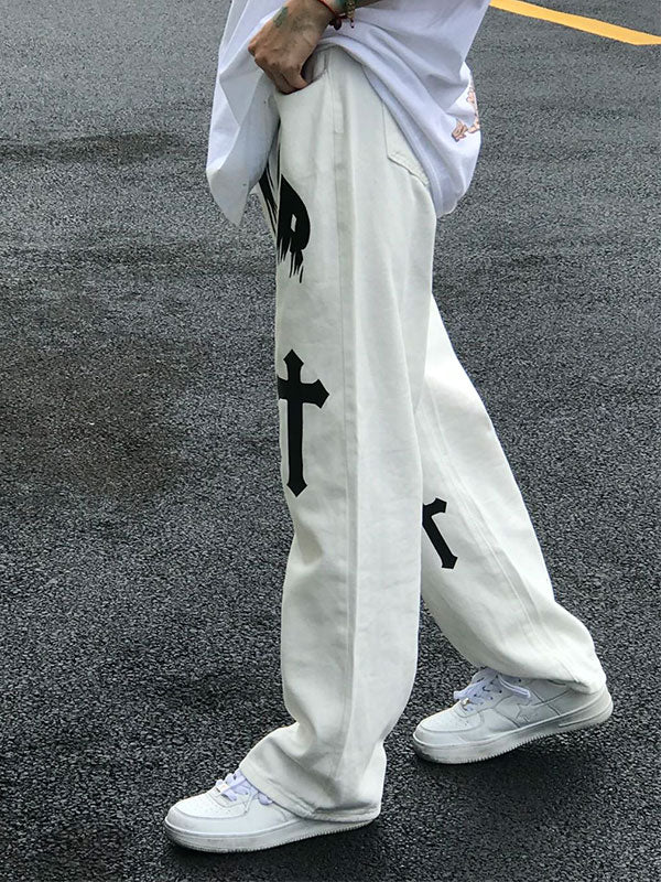 Men's White Wash Cross Pattern Straight Leg Jeans