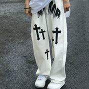 Men's White Wash Cross Pattern Straight Leg Jeans