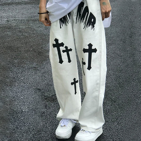 Men's White Wash Cross Pattern Straight Leg Jeans