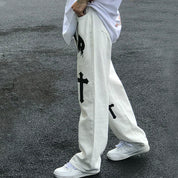 Men's White Wash Cross Pattern Straight Leg Jeans