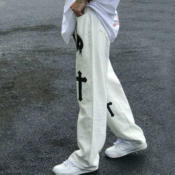 Men's White Wash Cross Pattern Straight Leg Jeans
