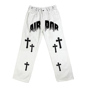 Men's White Wash Cross Pattern Straight Leg Jeans