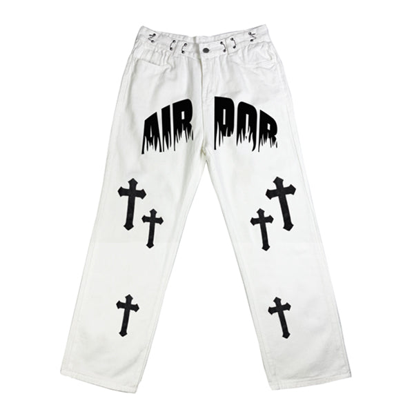 Men's White Wash Cross Pattern Straight Leg Jeans