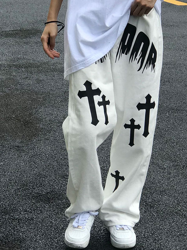 Men's White Wash Cross Pattern Straight Leg Jeans
