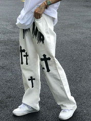 Men's White Wash Cross Pattern Straight Leg Jeans