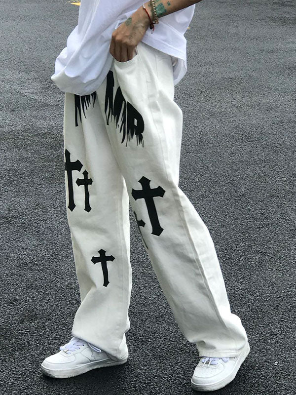 Men's White Wash Cross Pattern Straight Leg Jeans