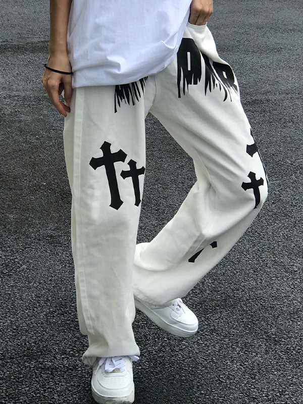 Men's White Wash Cross Pattern Straight Leg Jeans