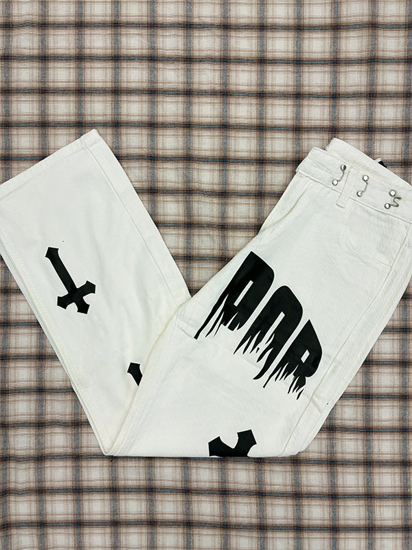 Men's White Wash Cross Pattern Straight Leg Jeans