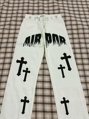 Men's White Wash Cross Pattern Straight Leg Jeans