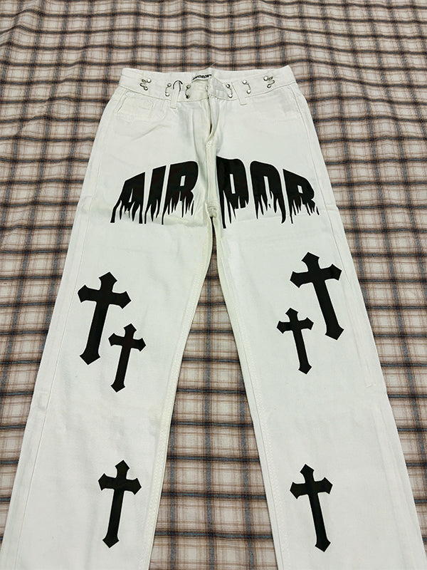 Men's White Wash Cross Pattern Straight Leg Jeans