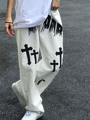 Men's White Wash Cross Pattern Straight Leg Jeans