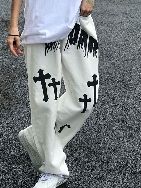 Men's White Wash Cross Pattern Straight Leg Jeans