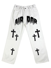 Men's White Wash Cross Pattern Straight Leg Jeans