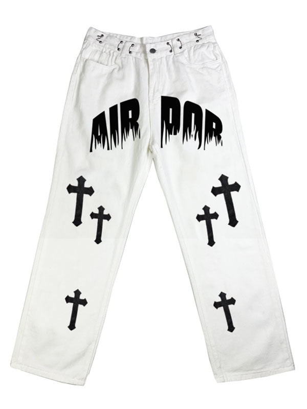 Men's White Wash Cross Pattern Straight Leg Jeans