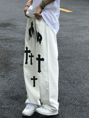 Men's White Wash Cross Pattern Straight Leg Jeans