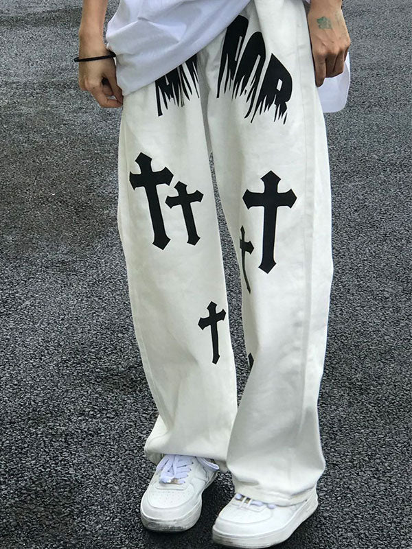 Men's White Wash Cross Pattern Straight Leg Jeans