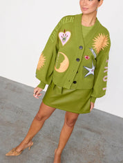 Green Pattern Knit Cardigan Sweater