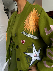 Green Pattern Knit Cardigan Sweater