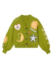 Green Pattern Knit Cardigan Sweater