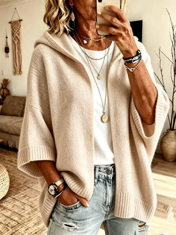 Women's 3/4 Sleeve Hooded Knit Cardigan