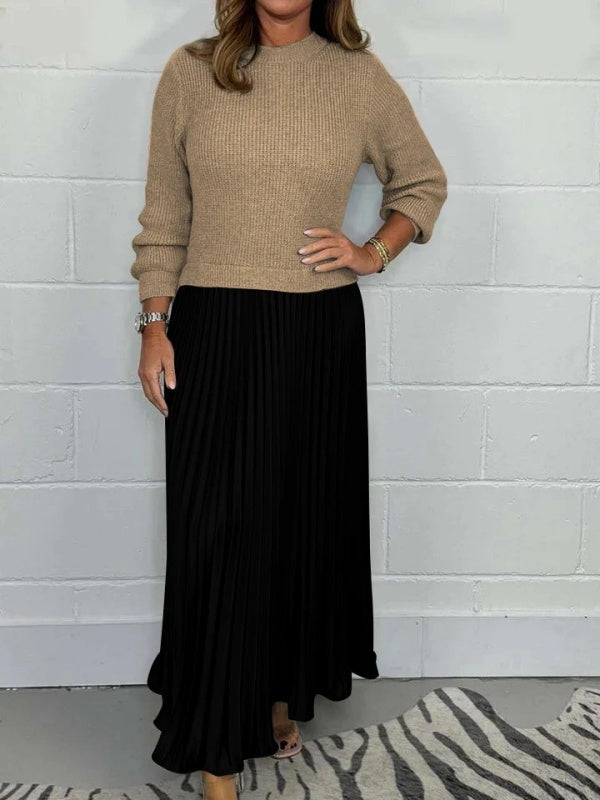 Sweater-Spliced Pleated Maxi Dress